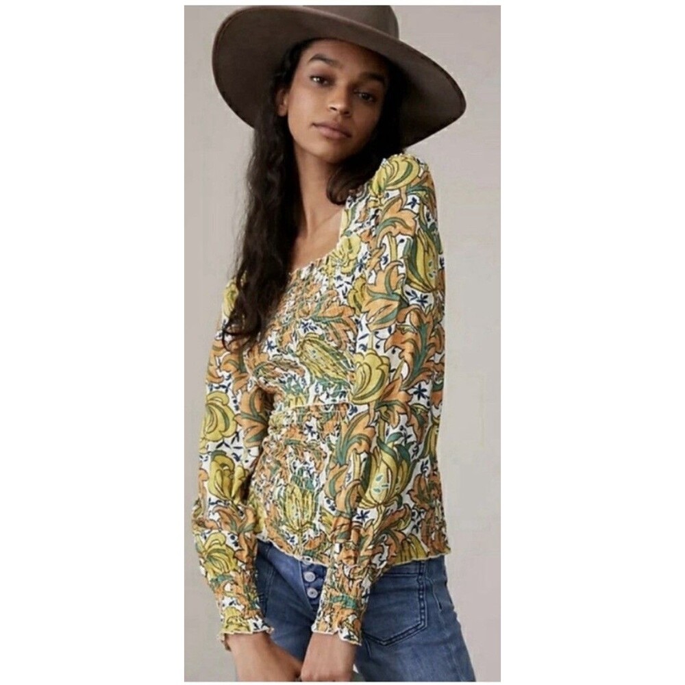 Anthropologie Rayna Relaxed Blouse Square Neck Smocked Peasant Boho Whimsical M